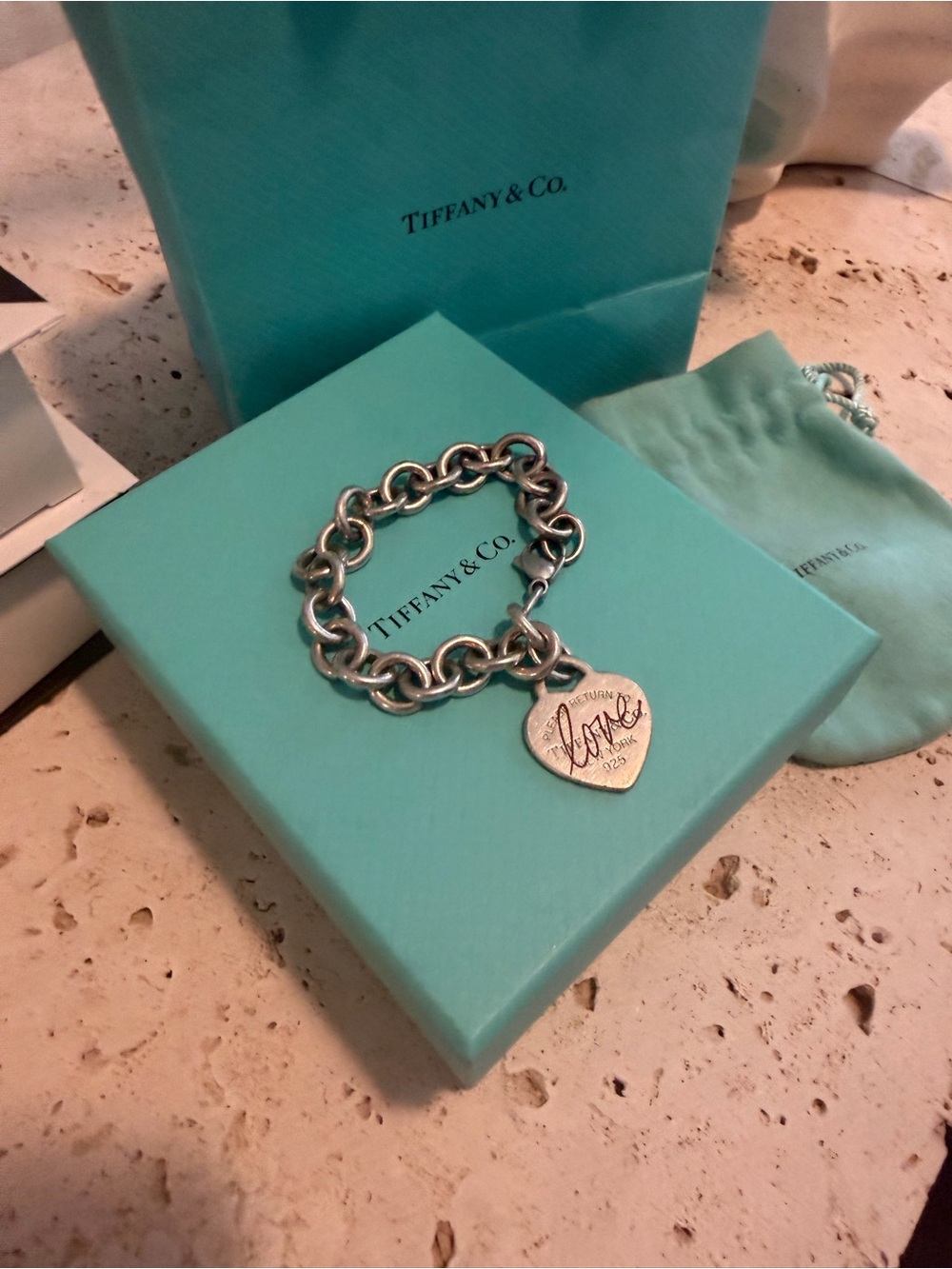 Tiffany & Co. Silver Heart Tag Charm Bracelet with Blue Accents